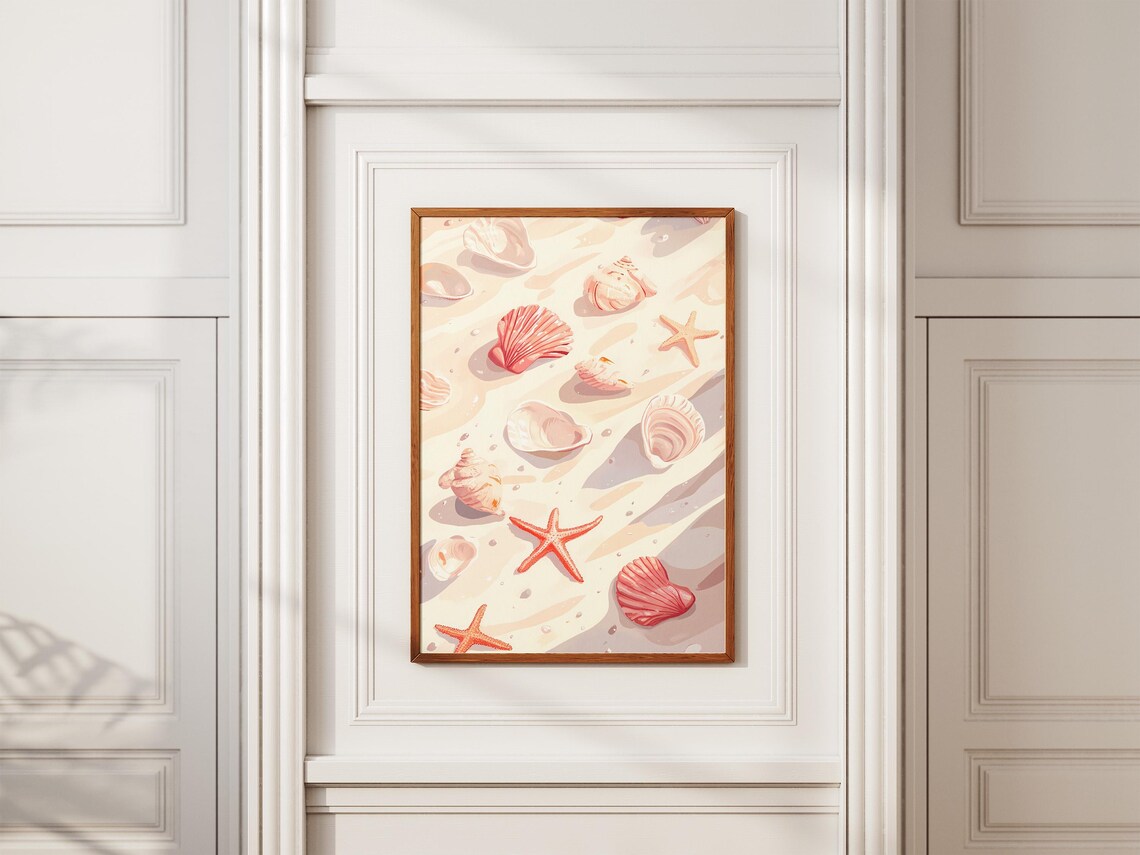 Pastel Pink Seashells And Starfish On Sandy Beach Shore Poster - Image 2