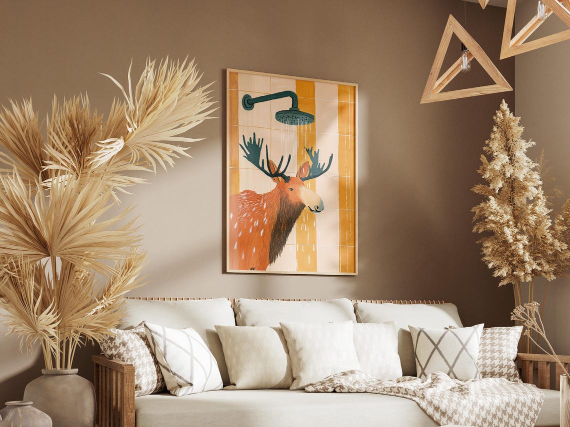 Rusty Orange Moose Enjoying Shower On Retro Orange Tiles Poster - Image 3