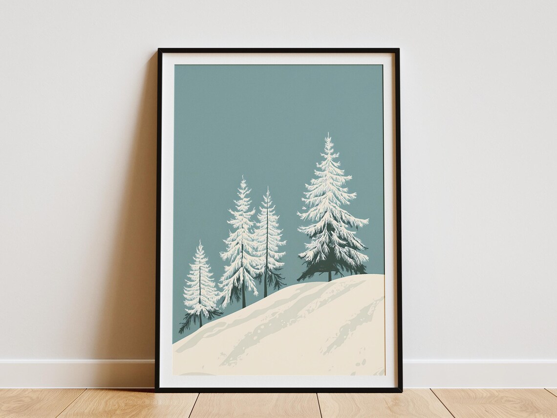 Minimalist Snowy White Pine Trees on Teal Winter Landscape Poster