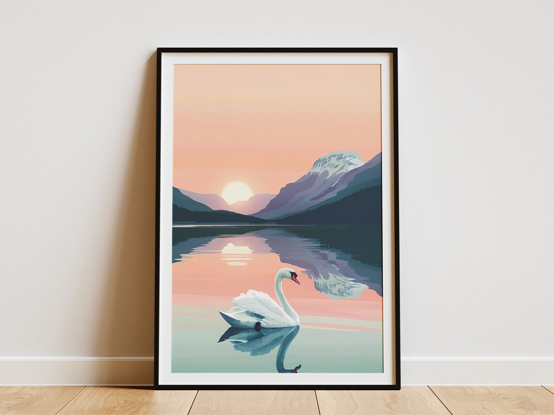 White Swan Mountain Lake Sunset Peach Minimalist Nature Poster
