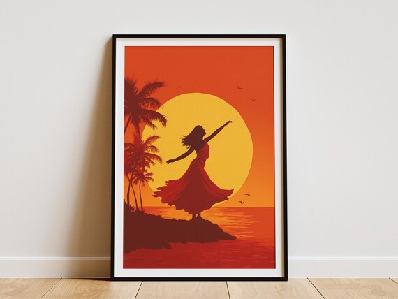 Hula Dancer Sunset Silhouette Big Yellow Sun Palm Trees Poster
