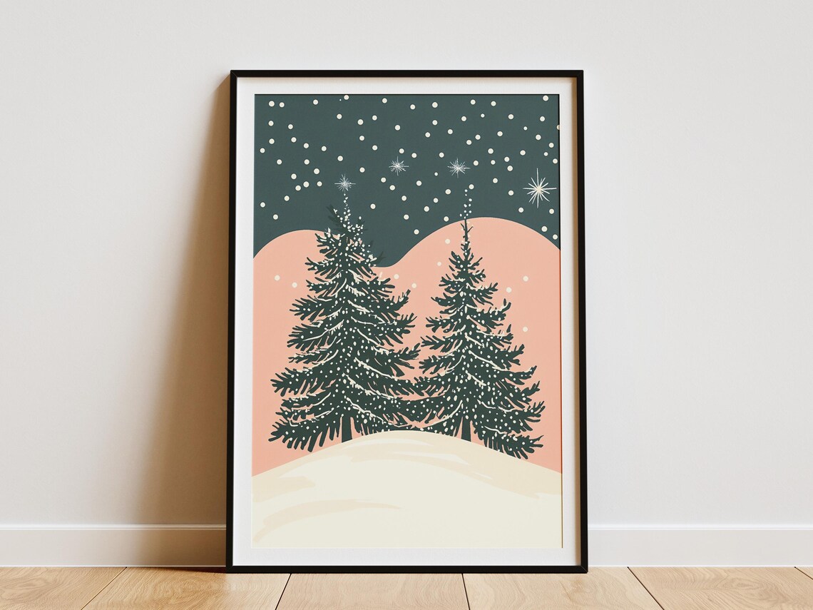 Snowy Pine Trees Winter Night Poster with Pink Hills and Stars
