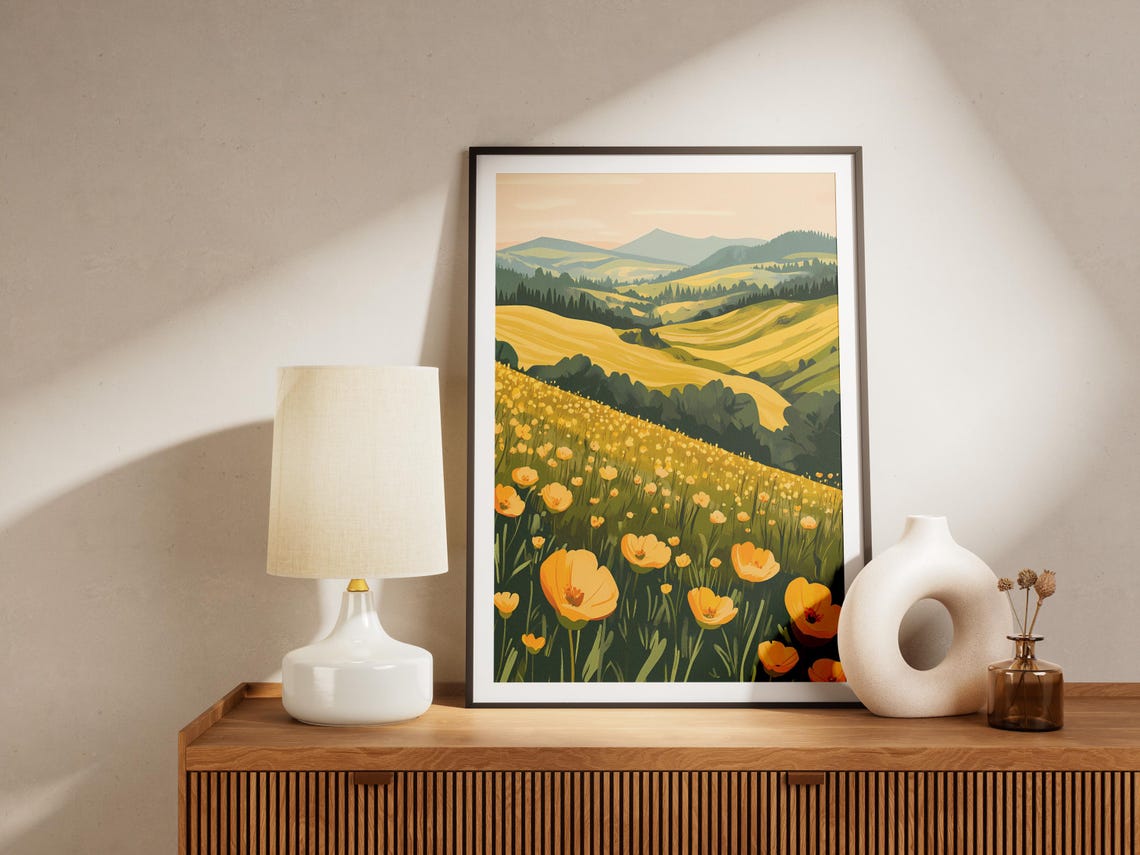 Yellow Wildflower Field Rolling Green Hills Meadow Spring Poster - Image 4