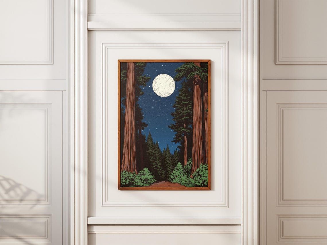Redwood Forest Night Full Moon Starry Sky Vintage Nature Decor Poster - Image 2