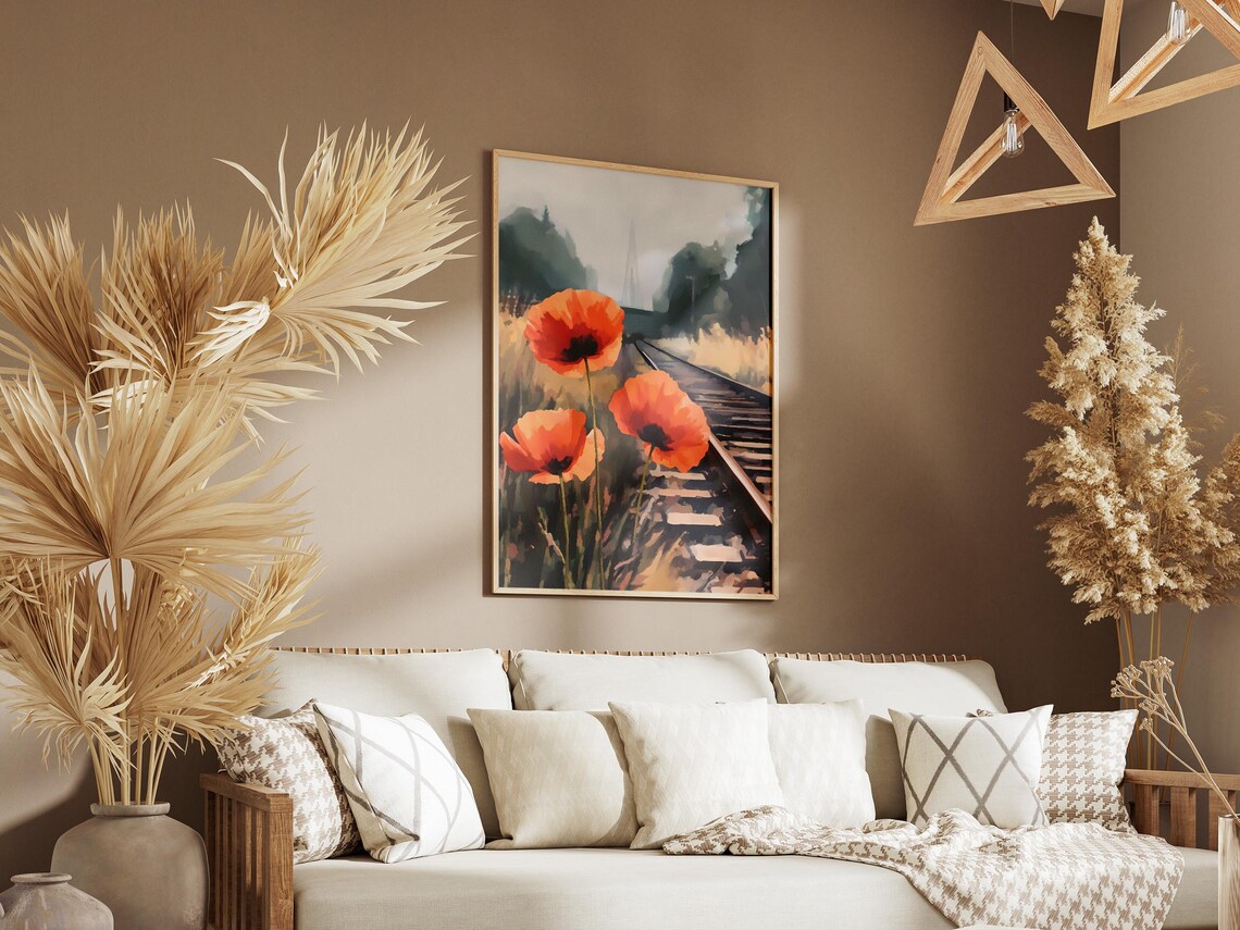 Red Poppies by Train Tracks Misty Railway Flower Art Scene Poster - Image 3