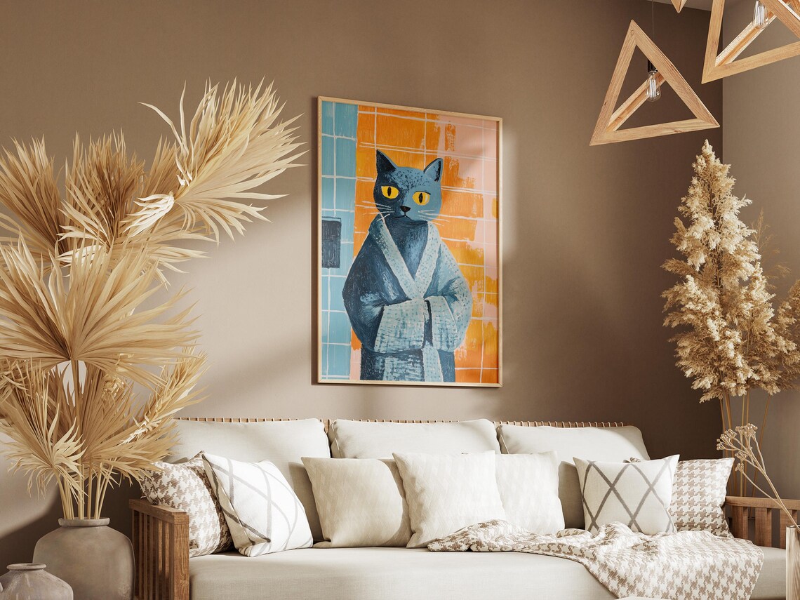 Russian Blue Cat in Cozy Blue Bathrobe Fun Bathroom Art Poster - Image 3