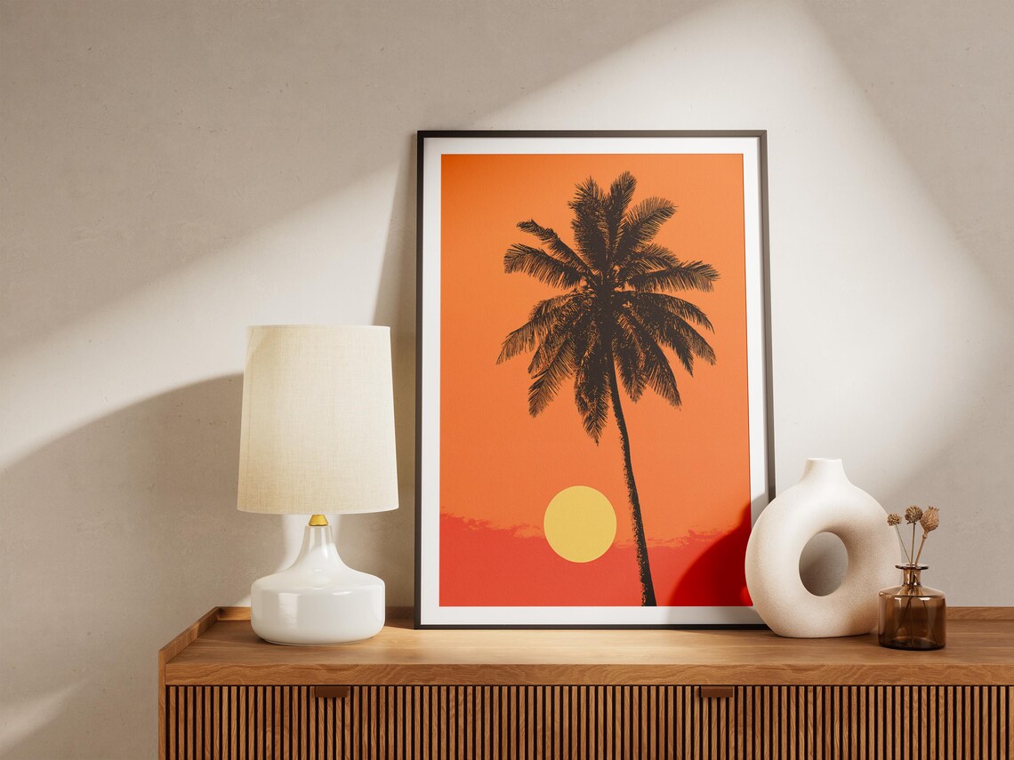 Palm Tree Silhouette Sunset Orange Minimalist Graphic Art Poster - Image 4