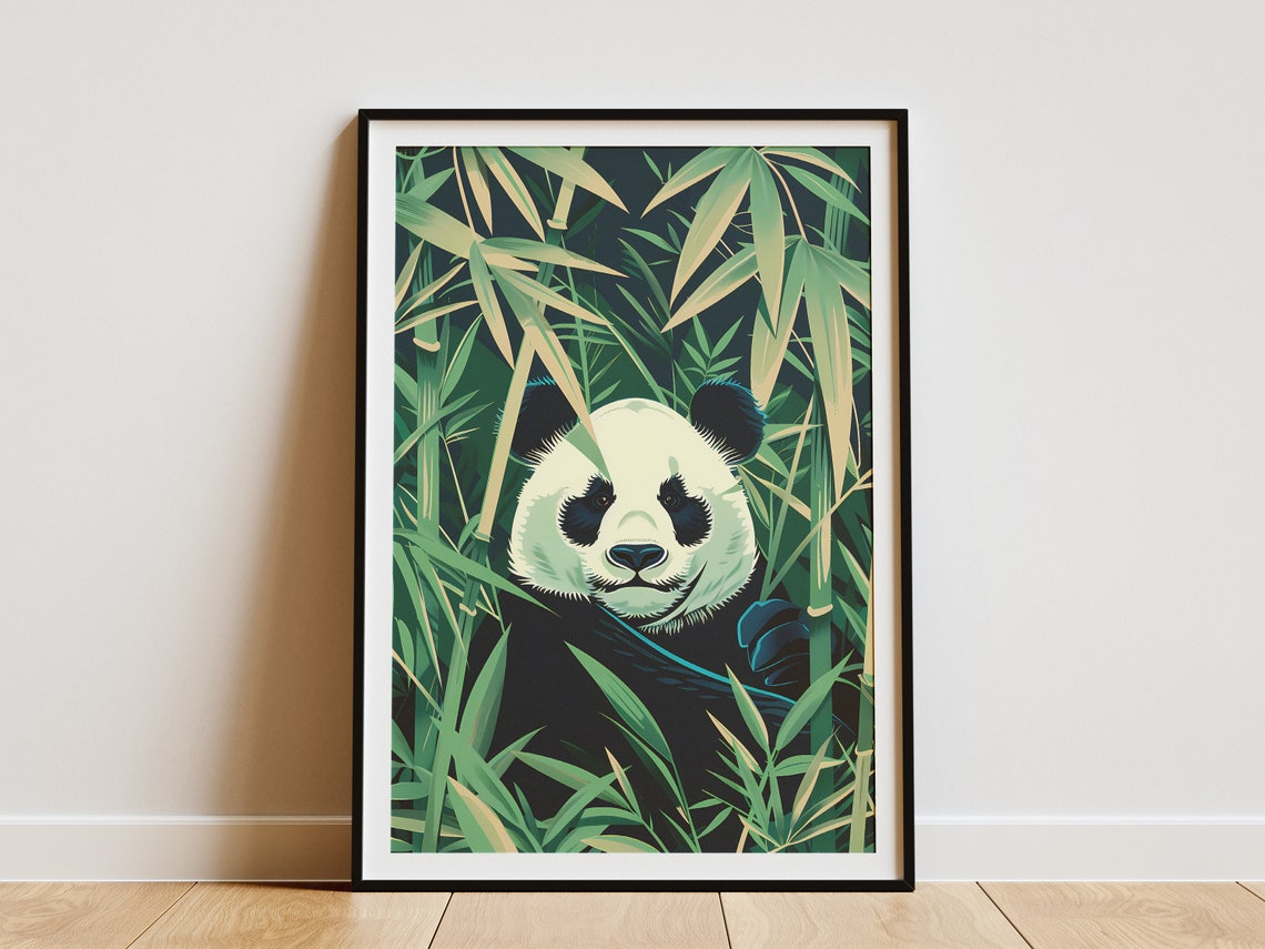 Panda In Bamboo Forest Poster Minimalist Animal Print Nature Art Wall Decor Green Art Print