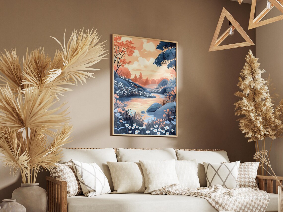 Sunrise River Valley Blue Peach Blossoms Scenic Landscape Poster - Image 3