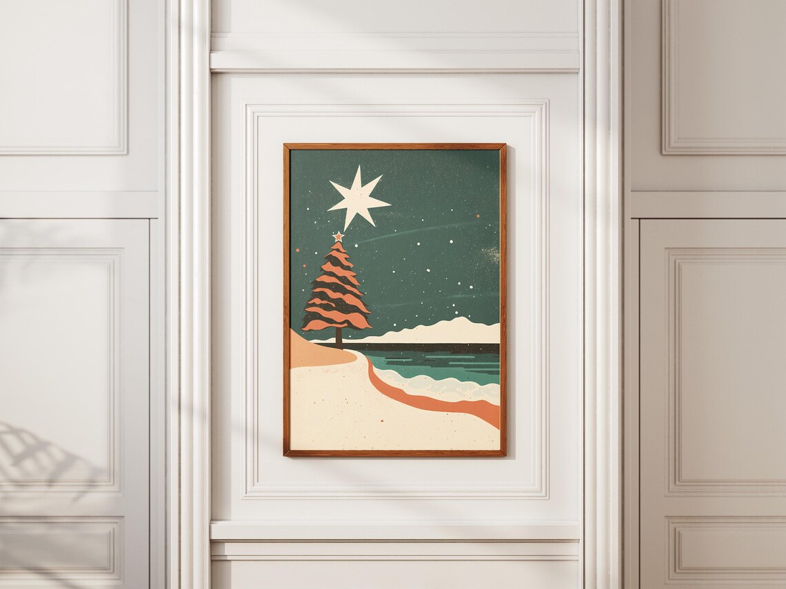 Christmas Tree On Sandy Beach Holiday Night Stars Ocean Poster - Image 2