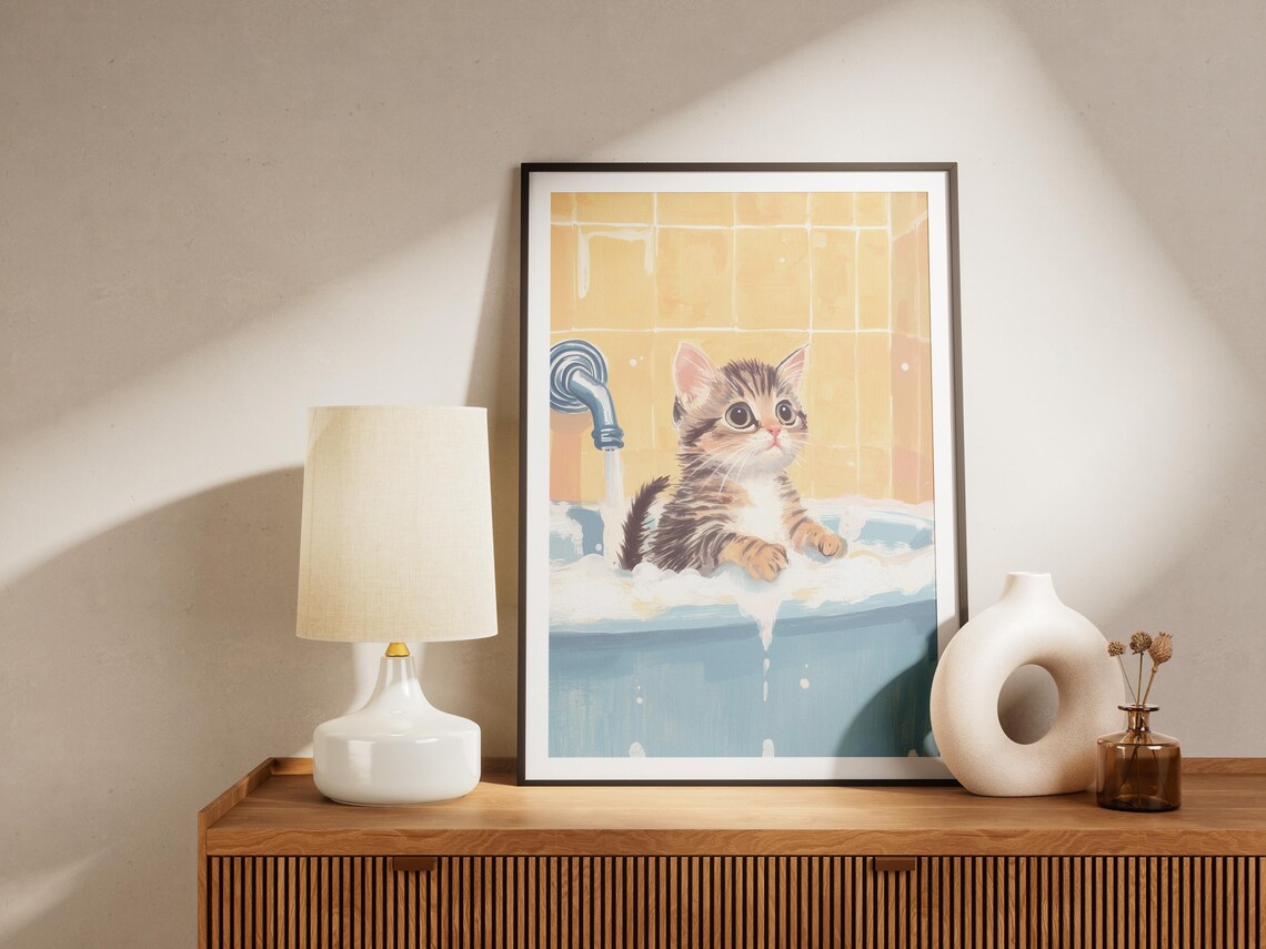 Tiny Tabby Kitten in Foamy Tub Sunny Yellow Tiles Art Poster - Image 4