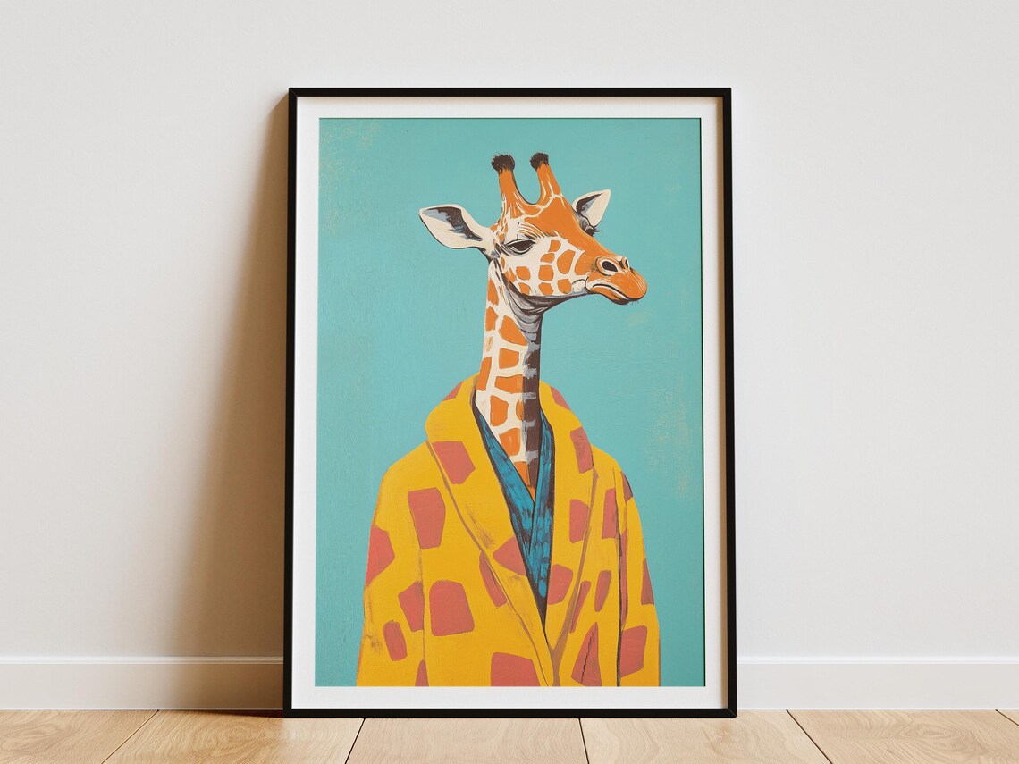 Elegant Giraffe Portrait In Yellow Bathrobe Teal Background Poster