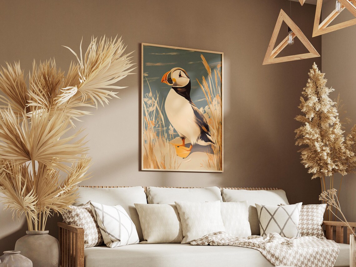 Puffin on a Sandy Beach with Dune Grasses Seabird Art Poster - Image 3