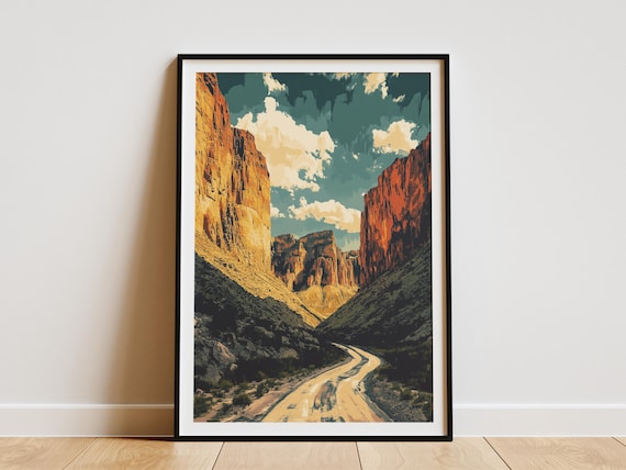 Big Bend Desert Canyon Winding Road Vintage Travel Art Poster