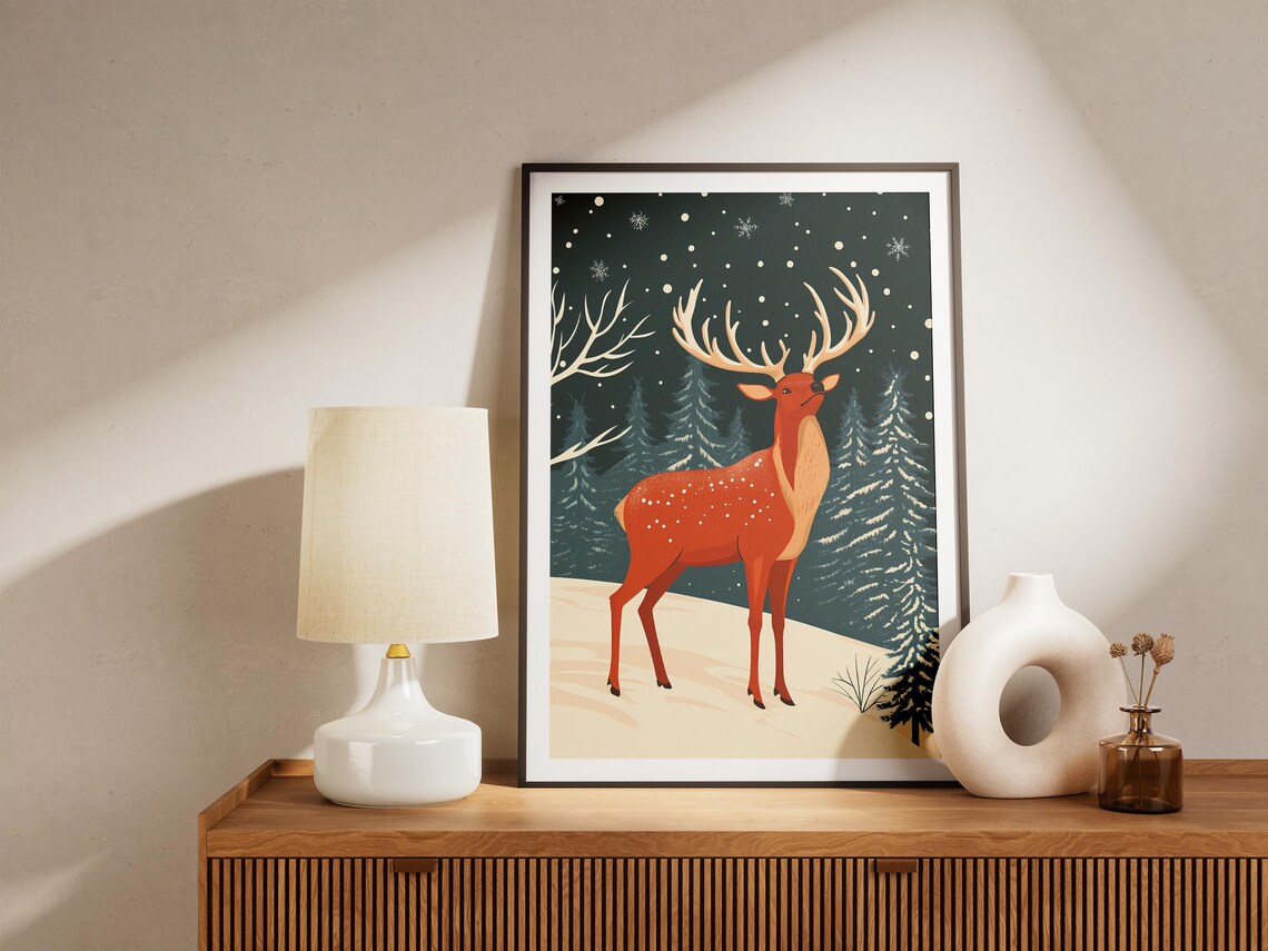 Red Christmas Deer in Snowy Forest Poster with Falling Snowflakes - Image 5