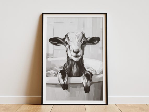 Baby Goat Art Print Farm Animal Poster Bathroom Wall Decor Kid In Tub Bubble Bath Cute Nursery Funny