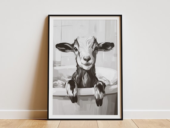 Baby Goat In Bathtub Black and White Cute Farm Animal Poster
