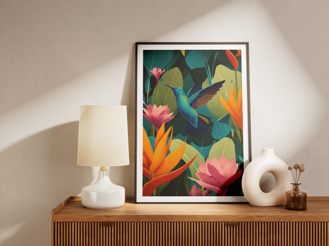 Blue Hummingbird Flying Among Tropical Flowers Foliage Poster - Image 4