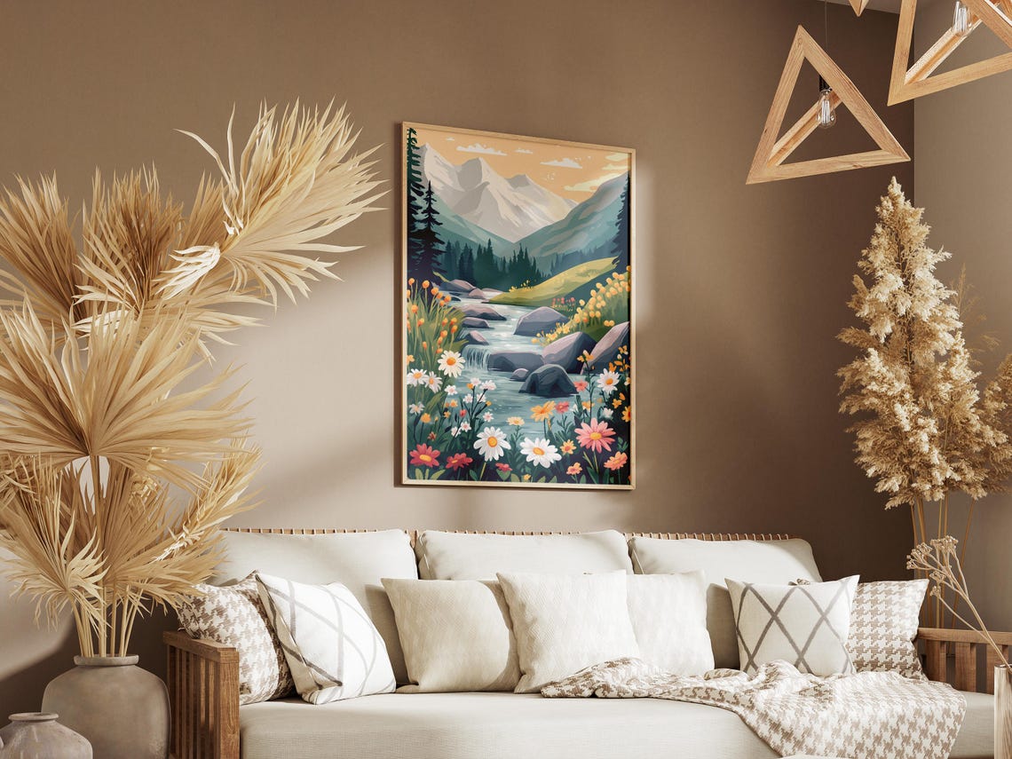 Wildflower Mountain Stream Waterfall Meadow Landscape Poster - Image 3