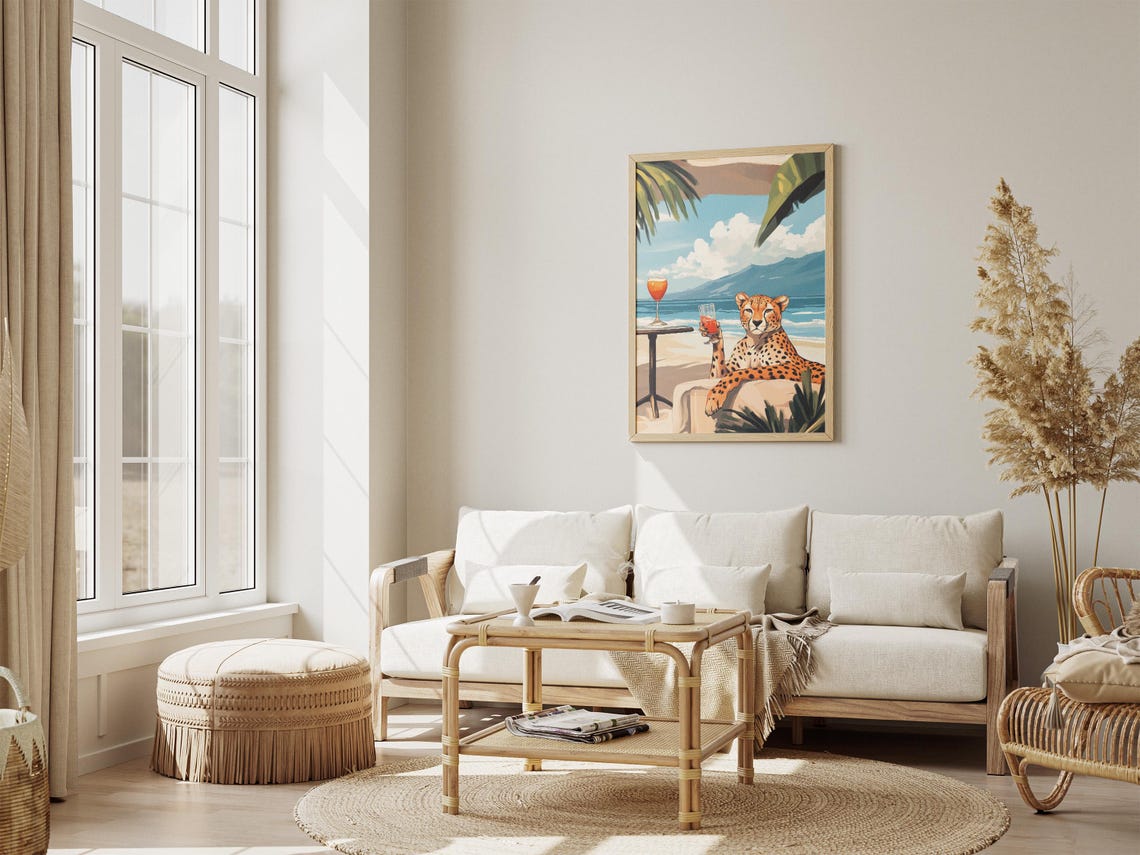 Elegant Cheetah Relaxing on a Beach Daybed With Wine Glass Poster - Image 4