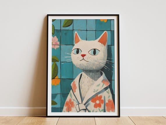 Munchkin Cat Bathrobe Art Print Matisse Style Poster Pet Portrait Cute Wall Bathroom Decor Trendy Lover Gift Modern Home
