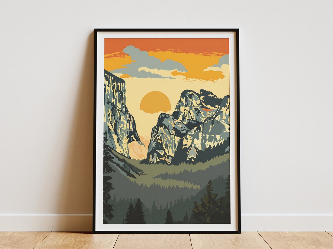 Yosemite National Park Granite Cliffs Sunrise Vintage Travel Poster