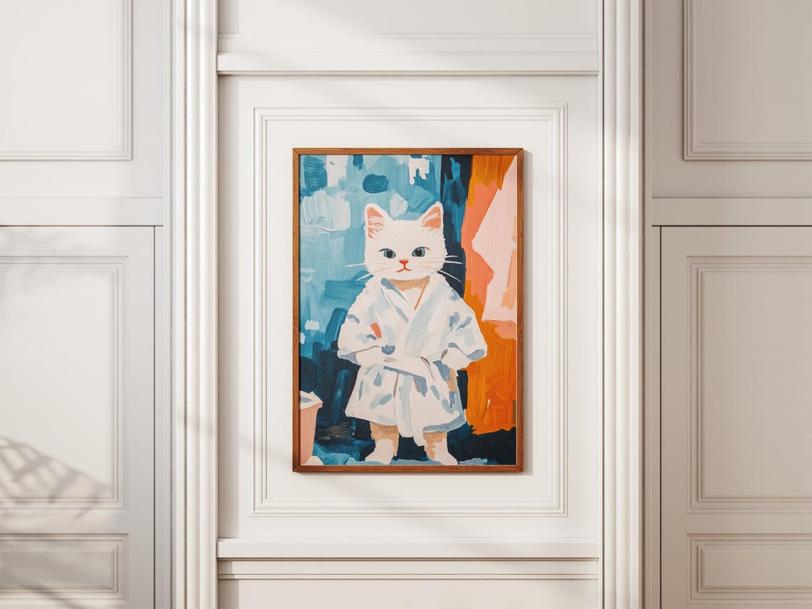 White Kitten White Bathrobe Painterly Blue Abstract Art Poster - Image 2
