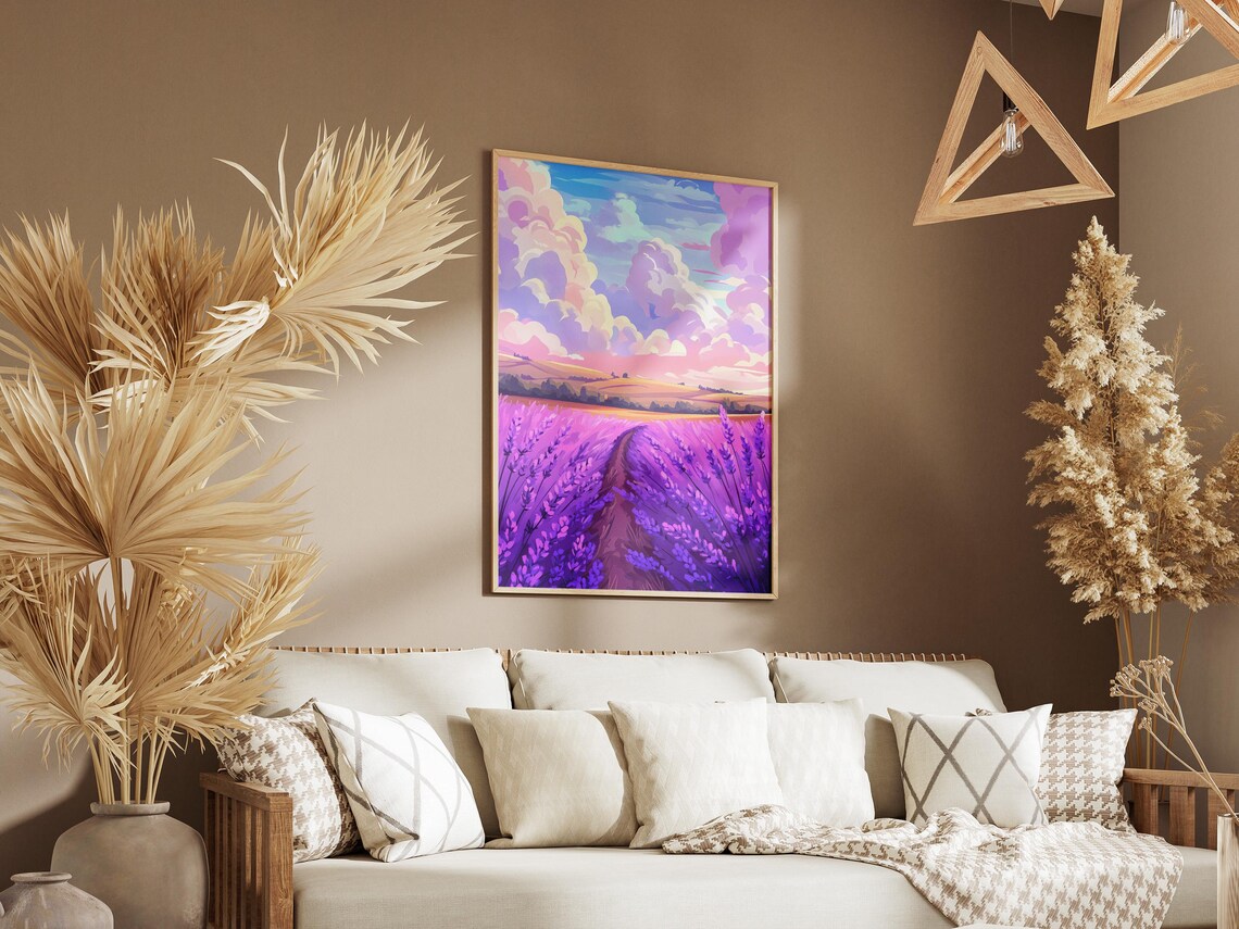 Lavender Path Billowing Pink Sunset Clouds Dreamy Landscape Poster - Image 3