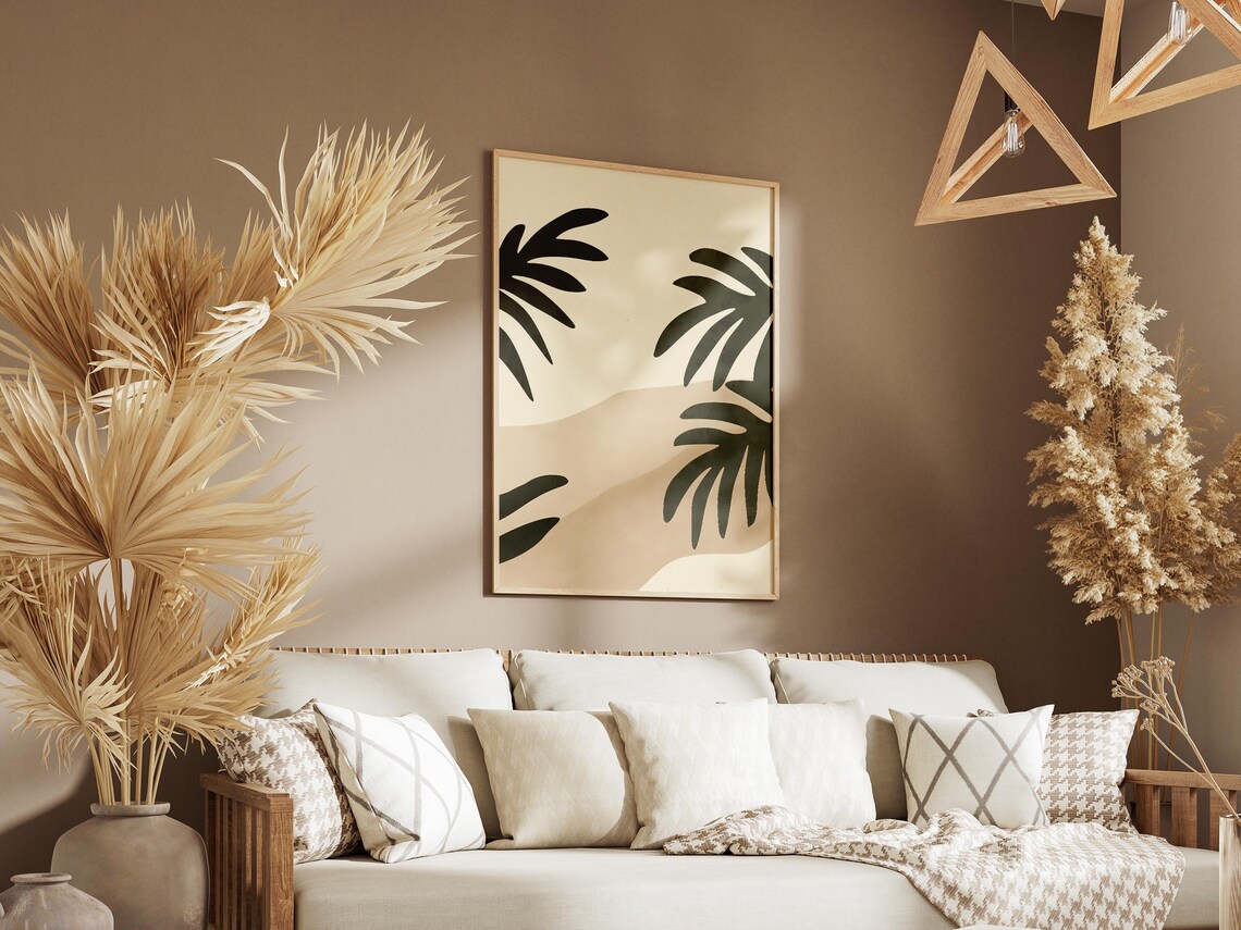 Abstract Palm Fronds Beach Poster in Dark Green and Beige Tones - Image 3