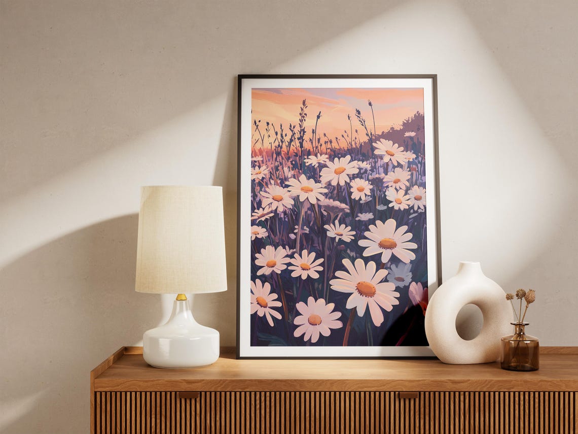 White Daisies at Twilight Beneath a Pink Sunset Sky Art Poster - Image 5