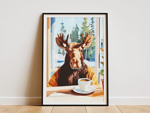 Moose Cafe Art Print Coffee Lover Gift Animal Poster Whimsical Wall Home Decor Funny Illustration Shop