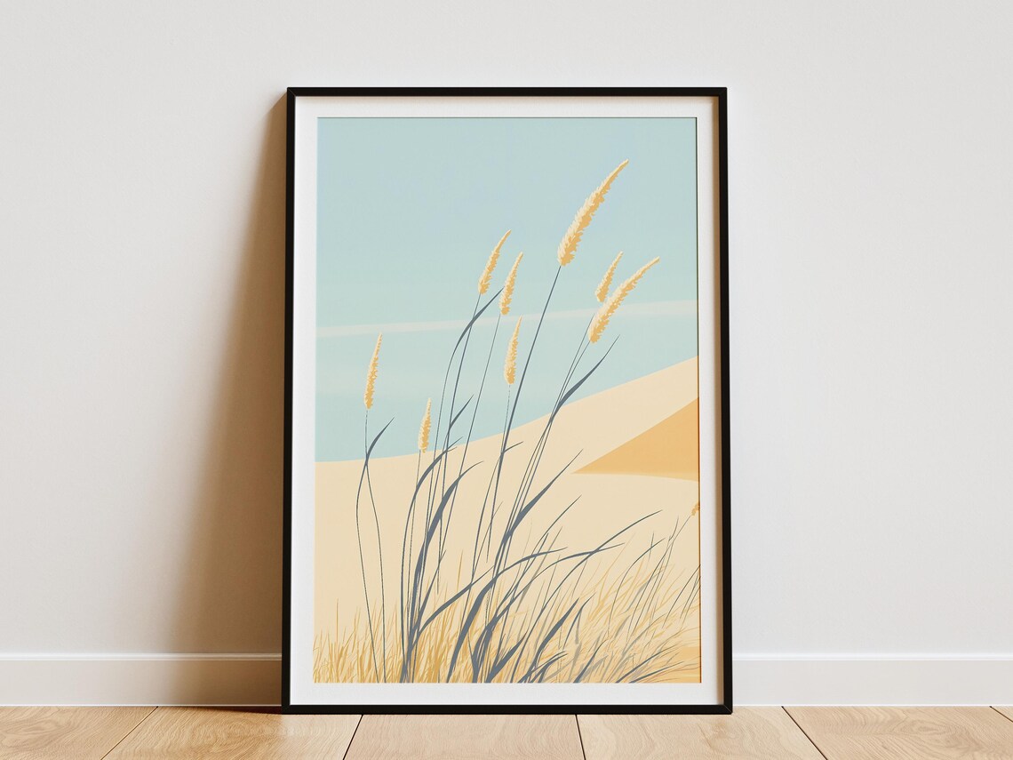 Golden Dune Grass Under Pale Blue Sky Minimalist Coastal Poster