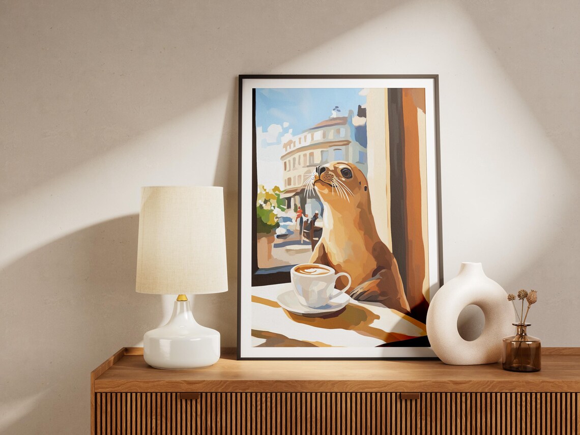 Cute Seal Enjoying a Latte at a Cafe Window Whimsical Animal Poster - Image 4