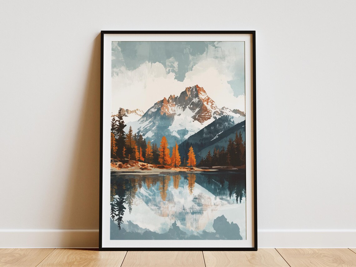 Autumn Lake Snowy Mountain Peak Reflection Fall Nature Poster