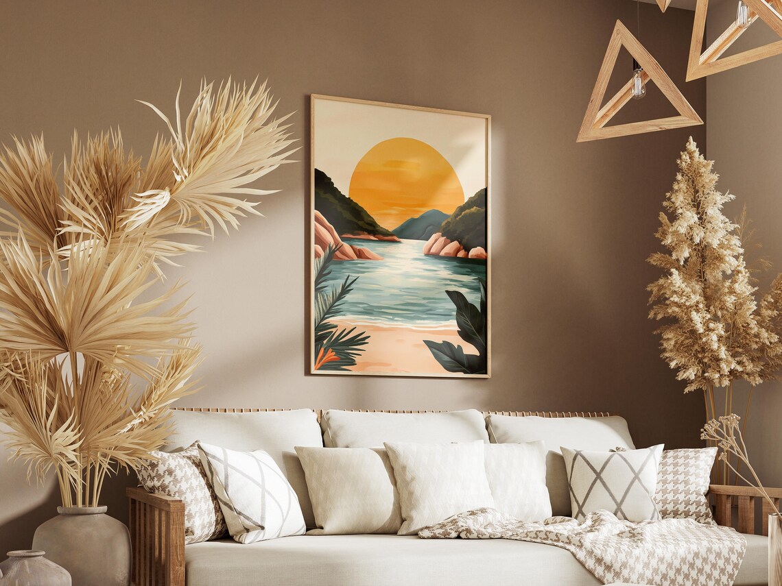 Golden Sunset Over Tropical Bay Beach Minimalist Coastal Poster - Image 3