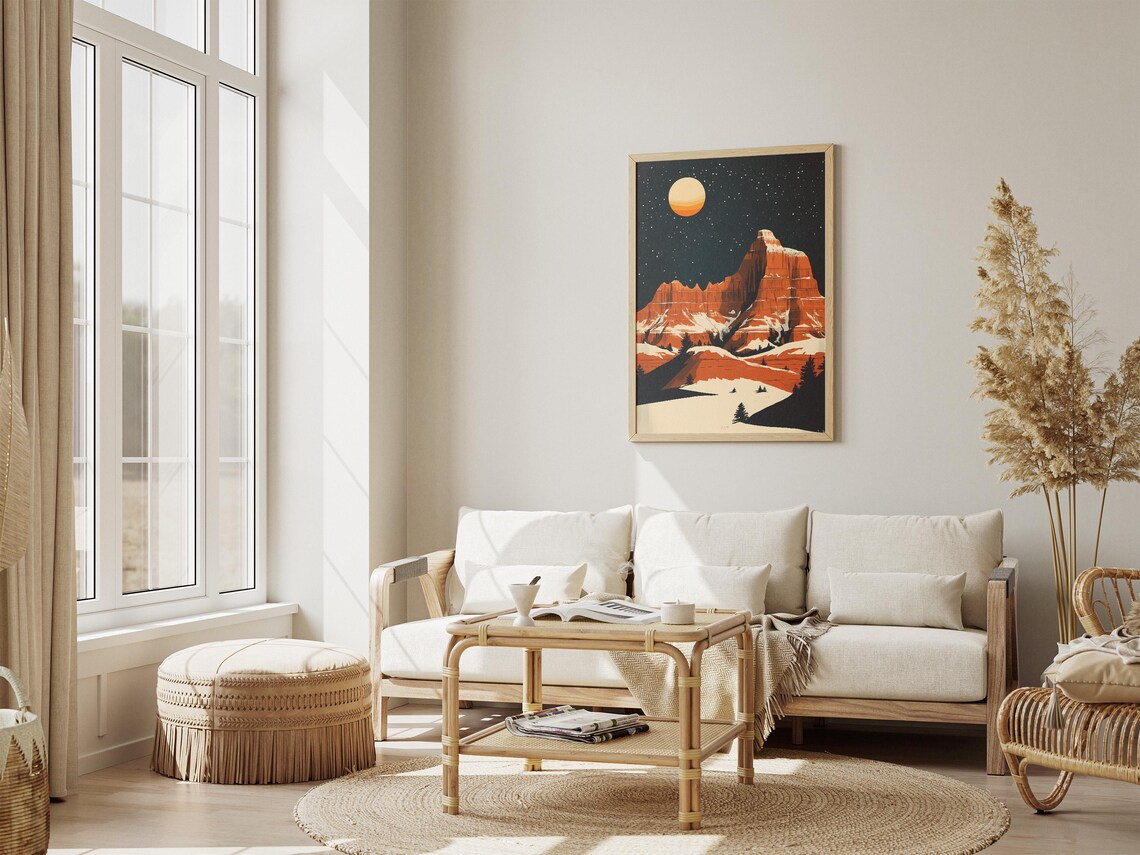 Badlands Snowy Orange Striped Buttes Under Full Moon Night Poster - Image 4