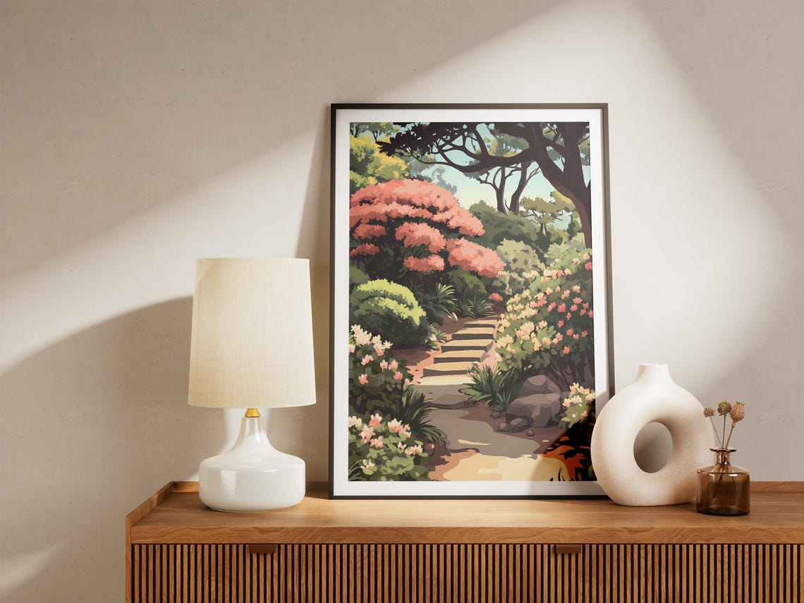 Pink Blossom Garden Path With Stone Steps Under Tall Trees Poster - Image 5