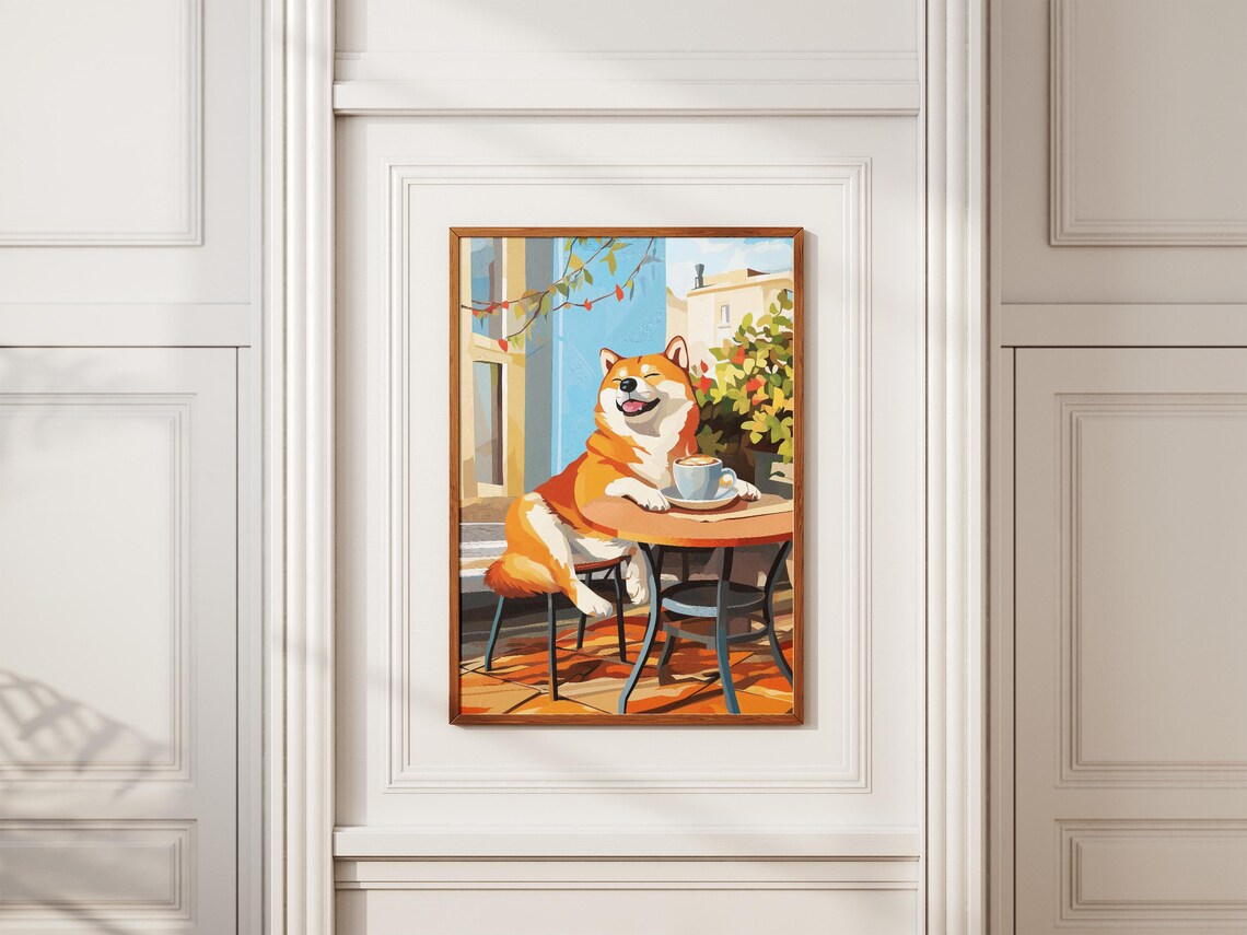 Smiling Shiba Inu Dog With Cappuccino Outdoor Cafe Art Poster - Image 2