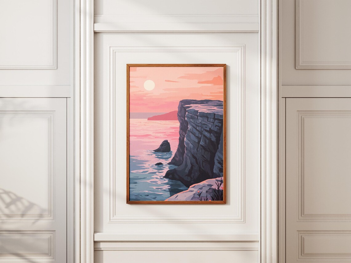 Pink Sunset Coastal Cliff Over Calm Sea Romantic Scene Poster - Image 2