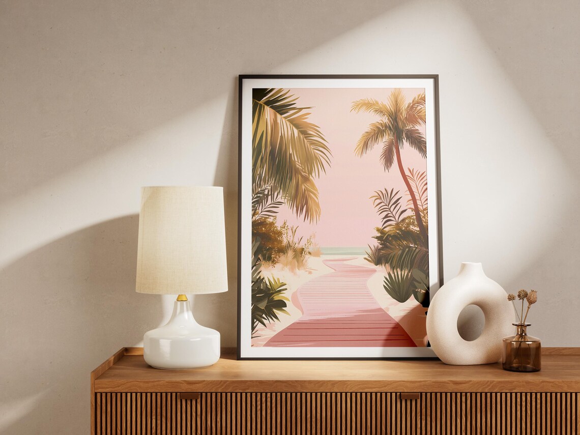 Pink Boardwalk Through Palm Trees to the Sea Sunset Coastal Wall Art - Image 4