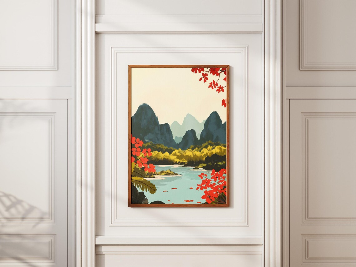 Yangshuo China Karst Mountains River Red Blossoms Travel Poster - Image 2
