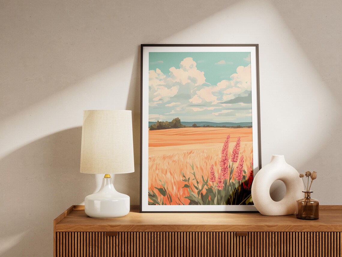 Golden Wheat Field With Pink Wildflowers Under Summer Sky Poster - Image 5