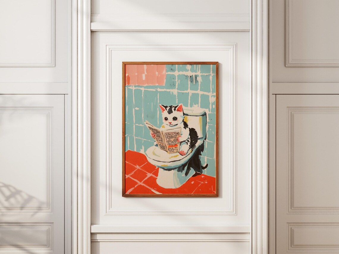 Kitten Reading Newspaper on Toilet Funny Bathroom Art Poster - Image 2