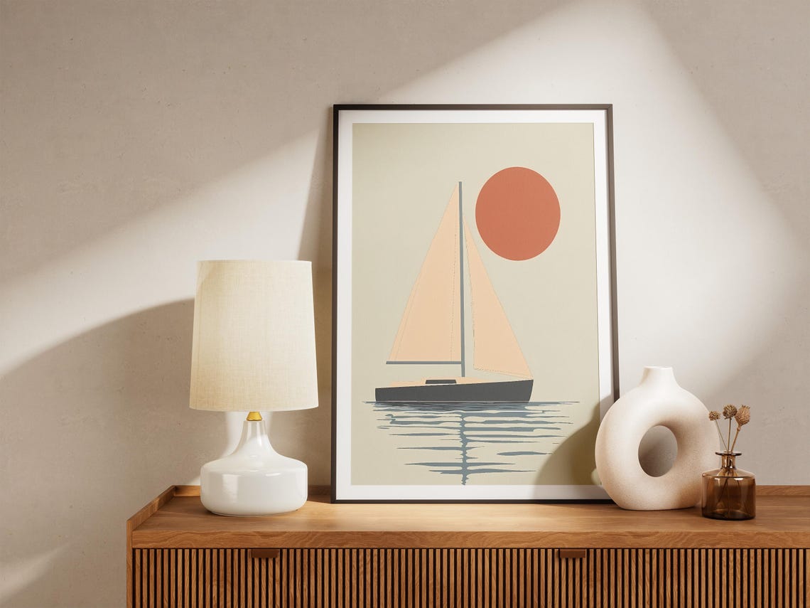 Minimalist Sailboat Drifting Under a Burnt Orange Sun Nautical Poster - Image 5
