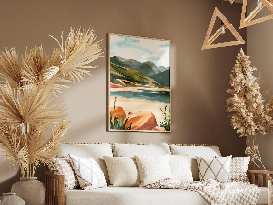 Mountain Lake Shore With Orange Rocks Summer Scenery View Poster - Image 3