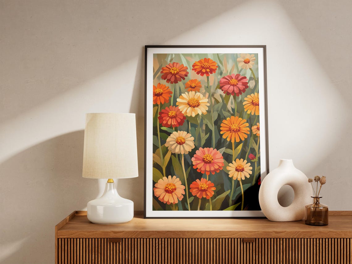 Zinnia Flower Field Warm Painterly Botanical Summer Wall Poster - Image 5