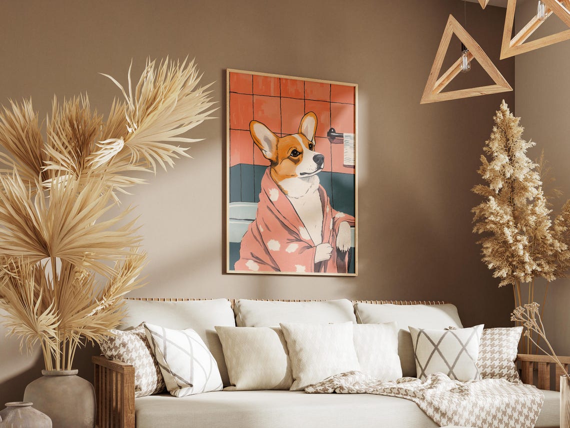 Funny Cute Corgi in Pink Polka Dot Bathrobe After Bath Poster - Image 3