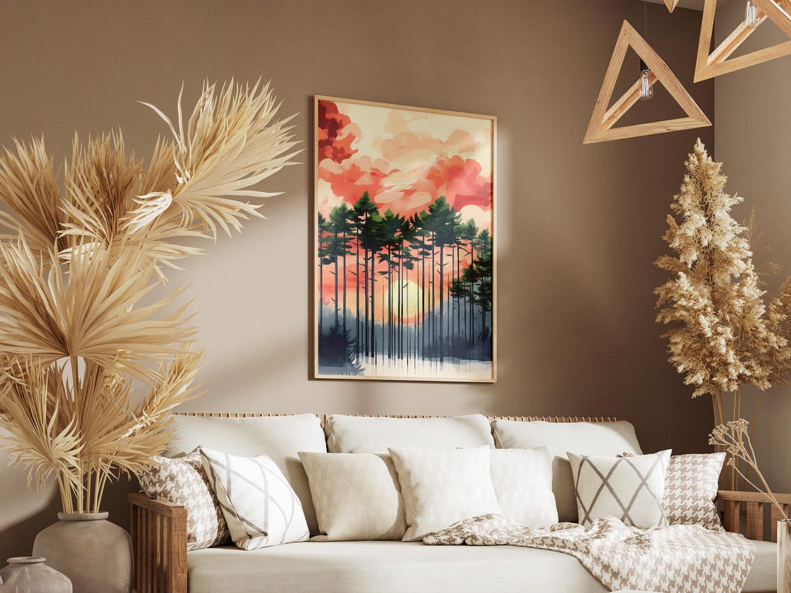 Tall Pine Forest at Sunset with Pink Clouds and Low Sun Poster - Image 3