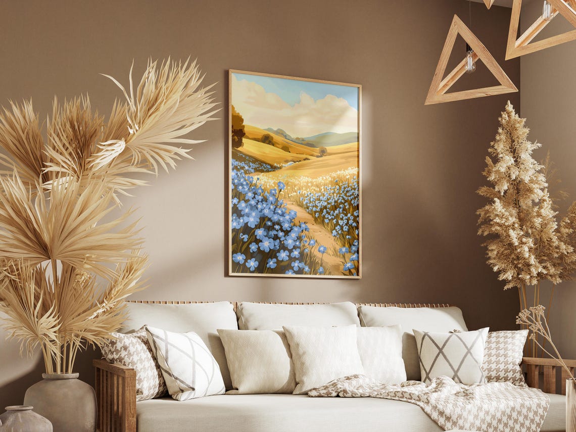 Blue Forget Me Nots Golden Valley Path Tender Landscape Poster - Image 3