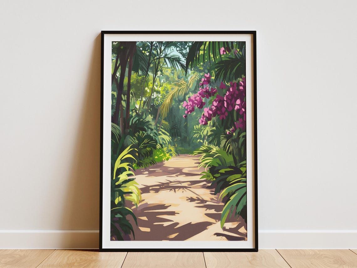 Tropical Jungle Pathway With Magenta Orchids Dappled Light Poster